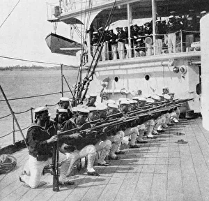Japanese marines drilling on board the warship Mikasa