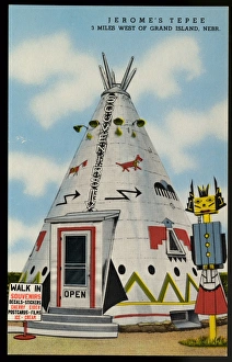 Jeromes Tepee. ca. 1951, West of Grand Island, Nebraska, USA, JEROME'S TEPEE 3 miles West of Grand Island, Nebr. On Highway 30 is a place to relax, obtain refreshments, and buy reasonable souvenirs. This 'Tepee' located in the 'Center of North America' is a symbol of the West as it used to be when Indians roved its plains Jeromes Tepee. ca. 1951, West of Grand Island, Nebraska, USA, JEROME'S TEPEE 3 miles West of Grand Island, Nebr. On Highway 30 is a place to relax, obtain refreshments, and buy reasonable souvenirs. This 'Tepee' located in the 'Center of North America' is a symbol of the West as it used to be when Indians roved its plains