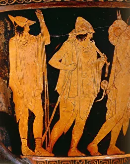 Krater depicting young man wearing tunic and petasos