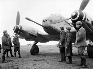 The latest type of messerschmitt captured by soviet troops on an enemy airdrome, the gun is of the 50mm type