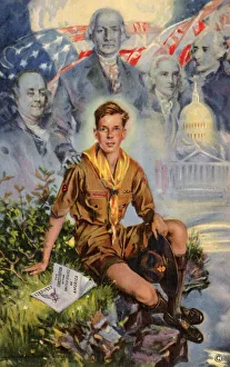 Lithograph of a Boy Scout with America's Founding Fathers by Howard Chandler Christy Lithograph of a Boy Scout with America's Founding Fathers by Howard Chandler Christy