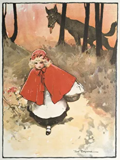 Little Red Riding Hood on her way to her grandmother's observed by a sinister Little Red Riding Hood on her way to her grandmother's observed by a sinister
