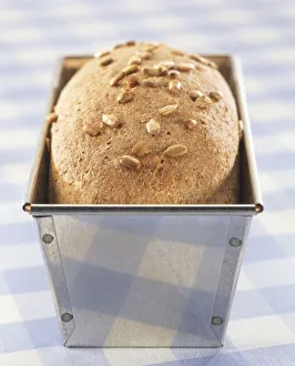 Loaf of bread topped with sunflower seeds in baking tin, close up Loaf of bread topped with sunflower seeds in baking tin, close up