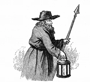 London night-watchman going through the streets with his pike and lantern:1569. Engraving London night-watchman going through the streets with his pike and lantern:1569. Engraving