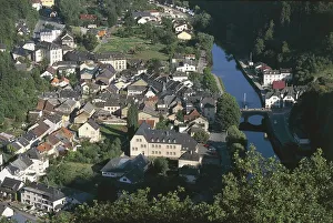 Luxembourg, Oesling, Aerial view of Vianden and river Our Luxembourg, Oesling, Aerial view of Vianden and river Our