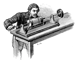 Making a recording on the first model of Edisons Phonograph. Here the tinfoil Making a recording on the first model of Edisons Phonograph. Here the tinfoil