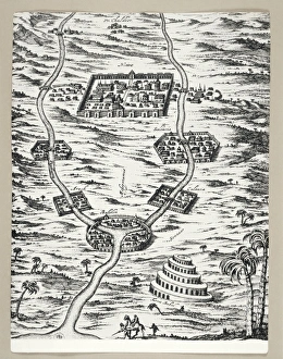 Map featuring Mesopotamia and Tower of Babel, engraving Map featuring Mesopotamia and Tower of Babel, engraving