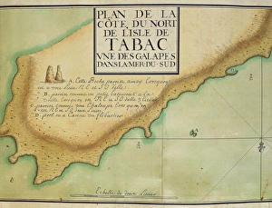 Map of Northern coast of Tabacco Island in Galapagos Islands, watercolour painting Map of Northern coast of Tabacco Island in Galapagos Islands, watercolour painting