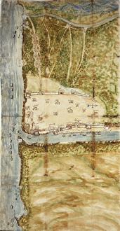 Map of Santo Domingo city showing the city's defensive wall, watercolor, 1619 Map of Santo Domingo city showing the city's defensive wall, watercolor, 1619