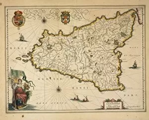 Illustration Technique Gallery: Map of Sicily, by Willem Blaeu, from Regionum Italiae, engraving