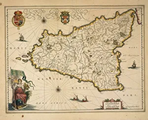 Illustration Technique Gallery: Map of Sicily, by Willem Blaeu, from Regionum Italiae, engraving