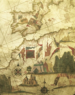 Map of Spain and Morocco coast, by Diego Homen, from Portolan chart, 1557 Map of Spain and Morocco coast, by Diego Homen, from Portolan chart, 1557
