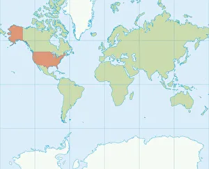Map of the world, United States of America highlighted in red Map of the world, United States of America highlighted in red
