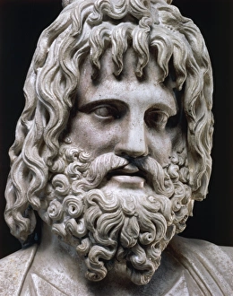 Marble bust of Serapis, god of underworld, with kalathos on his head, detail of face, from Alexandria, Serapeum Marble bust of Serapis, god of underworld, with kalathos on his head, detail of face, from Alexandria, Serapeum
