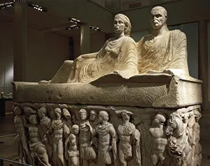 Marble sarcophagus depicting deceased couple on lid and reliefs with scenes from life of Marble sarcophagus depicting deceased couple on lid and reliefs with scenes from life of