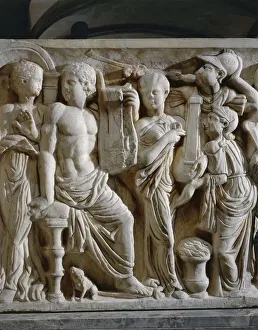 Marble sarcophagus with relief depicting Achilles at court of King Lycomedes, 240 a.d Marble sarcophagus with relief depicting Achilles at court of King Lycomedes, 240 a.d
