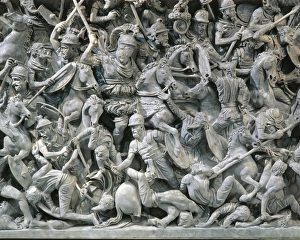 Marble sarcophagus with relief depicting scene of battle between Romans and Germans, 180-190 a.d Marble sarcophagus with relief depicting scene of battle between Romans and Germans, 180-190 a.d