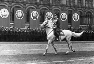 Marshal georgy zhukov riding across red square, reviewing the troops, prior to the victory parade on june 24, 1945