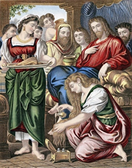 Mary Magdalene annointing the feet of Jesus. Bible John 12. Chromolithograph c1860 Mary Magdalene annointing the feet of Jesus. Bible John 12. Chromolithograph c1860