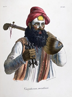 Mendicant musician carrying a stringed instrument similar to a lute. Hand-coloured Mendicant musician carrying a stringed instrument similar to a lute. Hand-coloured