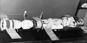 A model of soyuz 11 docked with the salyut 1 space station, 1971