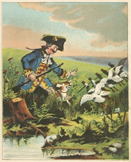 Munchausen, showing his prowess as a hunter by killing many widlfowl with a single shot Munchausen, showing his prowess as a hunter by killing many widlfowl with a single shot