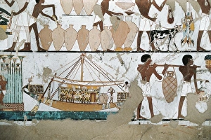Mural painting depicting scene of carriage of wine on boat, from New Kingdom Mural painting depicting scene of carriage of wine on boat, from New Kingdom
