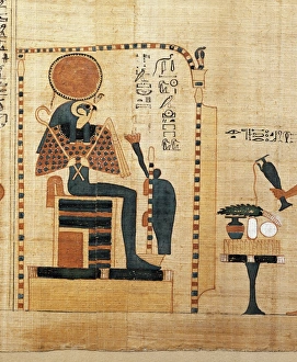 Mythological papyrus of Imenemsauf, chief bearer of Amon, detail, king Ra-Horakhty Mythological papyrus of Imenemsauf, chief bearer of Amon, detail, king Ra-Horakhty