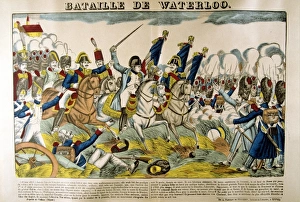 Napoleon at the Battle of Waterloo, 18 June 1815. Popular French hand-coloured woodcut Napoleon at the Battle of Waterloo, 18 June 1815. Popular French hand-coloured woodcut