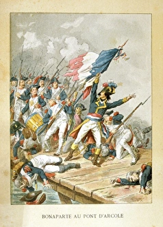 Napoleon Bonaprte leading his troops across the bridge at Arcole (Arcola). French Napoleon Bonaprte leading his troops across the bridge at Arcole (Arcola). French
