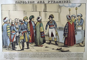Napoleon in Egypt, 1798, visiting the Pyramids. 19th French popular hand-coloured woodcut Napoleon in Egypt, 1798, visiting the Pyramids. 19th French popular hand-coloured woodcut