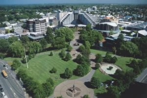 New Zealand, South Island, Christchurch, aerial view of Victoria Square with modern buildings in the background