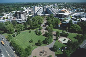 New Zealand, South Island, Christchurch, aerial view of Victoria Square with modern New Zealand, South Island, Christchurch, aerial view of Victoria Square with modern