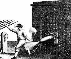 Normal method of applying a petard (explosive device) to the gate of a fortress Normal method of applying a petard (explosive device) to the gate of a fortress