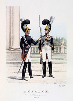 Officer and Rifleman of the King's Guard in Palace duty dress, 1820-1830. Histoire Officer and Rifleman of the King's Guard in Palace duty dress, 1820-1830. Histoire