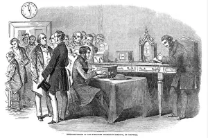 Opening of the London to Paris telegraph link. Instrument room at the Submarine Telegraph Opening of the London to Paris telegraph link. Instrument room at the Submarine Telegraph