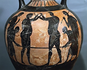 Panathenaic black-figure amphora, from a tomb of a great athlete, (detail of a fighting scene) Panathenaic black-figure amphora, from a tomb of a great athlete, (detail of a fighting scene)