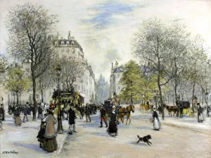 Paris in 1900': Busy city street scene with pedestrians, horse-bus and cabs Paris in 1900': Busy city street scene with pedestrians, horse-bus and cabs