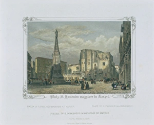 Piazza San Domenico with San Domenico Maggiore Church, 19th Century, engraving Piazza San Domenico with San Domenico Maggiore Church, 19th Century, engraving