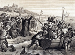 Pilgrim Fathers, members of English Separatist Church sect of Puritans, leaving Pilgrim Fathers, members of English Separatist Church sect of Puritans, leaving