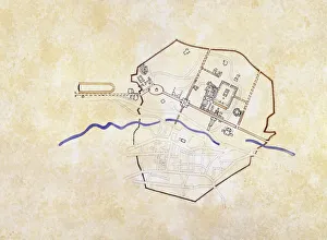 <b class=qtipBold><figcaption>Plan of Gerasa, drawing</figcaption></b><br>Cartography - Roman Civilization. Map of ancient city of Gerasa in Jordan. Drawing. Plan of Gerasa, drawing