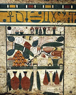 Plastered, painted wood panel detail with heap of funerary offerings, from Sarcophagus of Ibi Plastered, painted wood panel detail with heap of funerary offerings, from Sarcophagus of Ibi