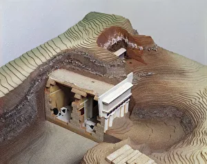 Plastic model of Vergina royal tombs, reconstruction of necropolis area with Plastic model of Vergina royal tombs, reconstruction of necropolis area with