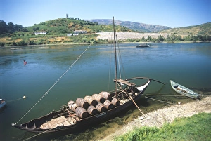 Portugal, Peso da Regua, boat loaded with barrels of port, moored on banks of river Portugal, Peso da Regua, boat loaded with barrels of port, moored on banks of river