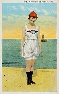 Facial Expression Collection: Postcard of Smiling Woman on Beach in Florida. ca. 1924, A Sunny Smile from Florida