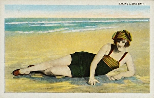 Postcard of a Sunbather at the Beach. ca. 1922, Taking a sun bath Postcard of a Sunbather at the Beach. ca. 1922, Taking a sun bath