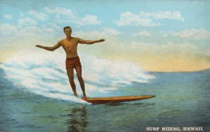 Postcard of Surfer Riding a Wave. ca. 1908-1910, SURF RIDING, HAWAII. The most popular of Hawaiian pastimes is surf swimming or heenalu. In this sport the swimmers use a light board made of koa or wiliwili. With these they swim out to sea, diving under the rollers which they meet, until they reach the outer line of breakers: then, lying flat on their boards, they balance themselves upon the forward slope of the highest breaker, and ride with the speed of a race horse toward the shore. Surf board swimming can be seen at Waikiki near Honolulu Postcard of Surfer Riding a Wave. ca. 1908-1910, SURF RIDING, HAWAII. The most popular of Hawaiian pastimes is surf swimming or heenalu. In this sport the swimmers use a light board made of koa or wiliwili. With these they swim out to sea, diving under the rollers which they meet, until they reach the outer line of breakers: then, lying flat on their boards, they balance themselves upon the forward slope of the highest breaker, and ride with the speed of a race horse toward the shore. Surf board swimming can be seen at Waikiki near Honolulu