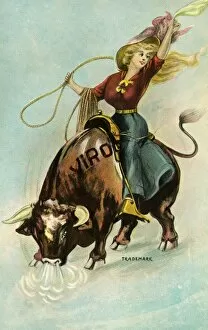 Confidence Gallery: Postcard of a Woman Riding a Bull. ca. 1913, Postcard of a Woman Riding a Bull