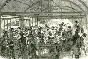 Poverty-stricken inhabitants of the east end of London queuing for bread and soup Poverty-stricken inhabitants of the east end of London queuing for bread and soup
