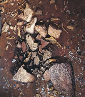 Prehistory, France, Paleolithic. Reconstruction of a hearth with the area used for flint cutting Prehistory, France, Paleolithic. Reconstruction of a hearth with the area used for flint cutting